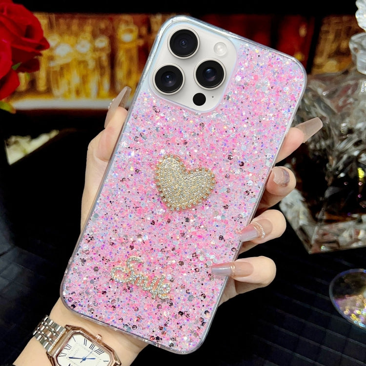 Pink iPhone 12 phone case featuring a diamond heart design, made from durable epoxy TPU material, showcasing a stylish and protective accessory.