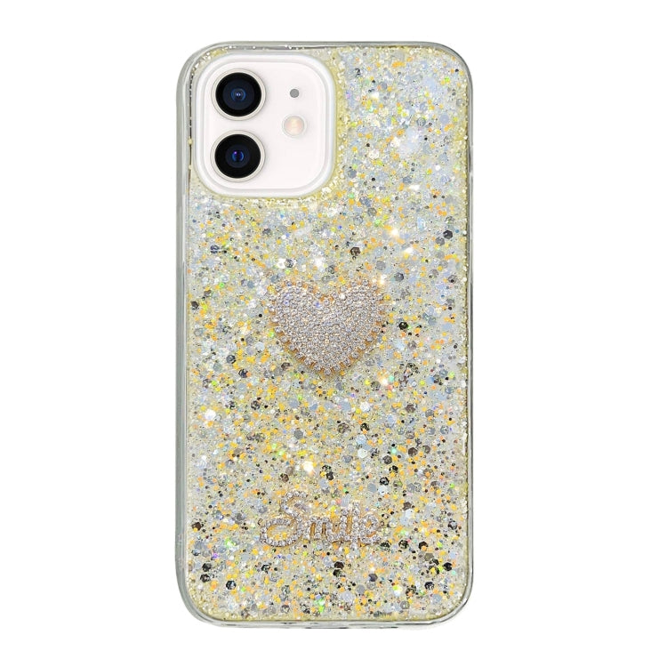 Yellow epoxy TPU phone case for iPhone 12 featuring a diamond heart design, showcasing its stylish and protective features.