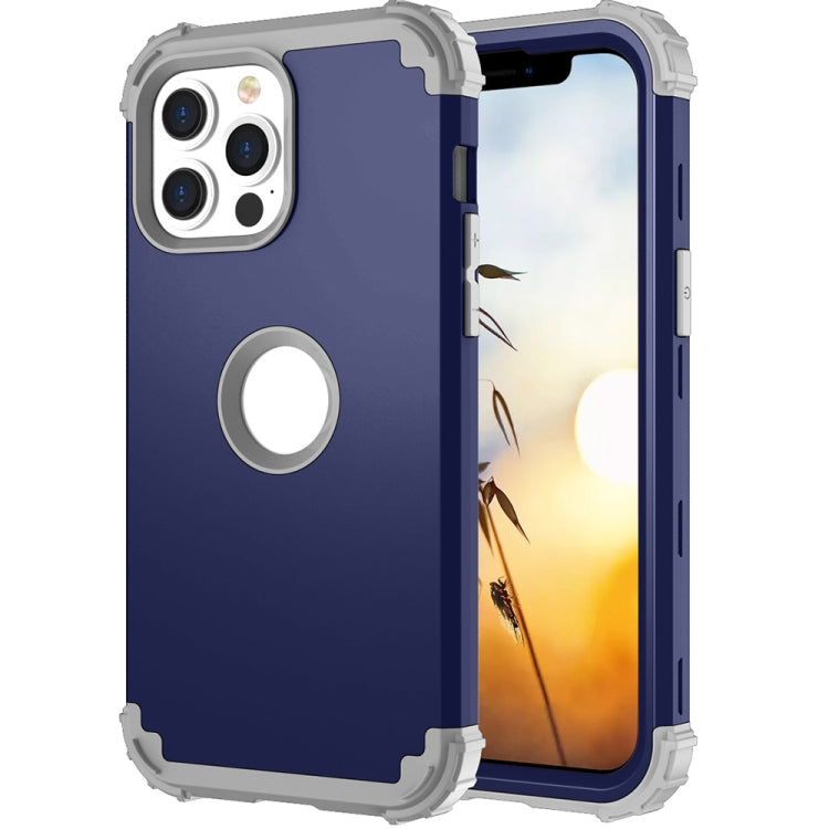 Navy 3 in 1 shockproof protective case for iPhone 13, showcasing its durable design and textured surface for enhanced grip.