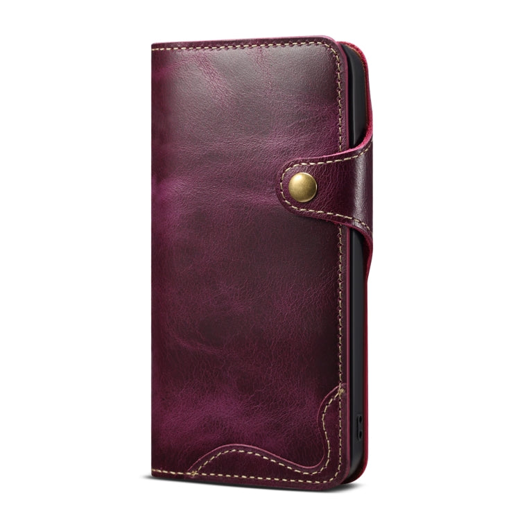 Denior Oil Wax Cowhide Magnetic Button Case for iPhone 13 mini, showcasing its luxurious leather texture and card slots.