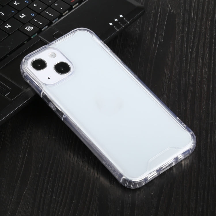 Transparent shockproof case for iPhone 13 mini, showcasing four-corner protection and easy access to buttons and ports.