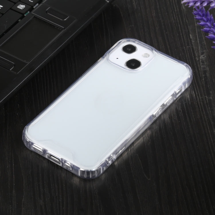 Transparent shockproof case for iPhone 13 mini, showcasing four-corner protection and easy access to buttons and ports.