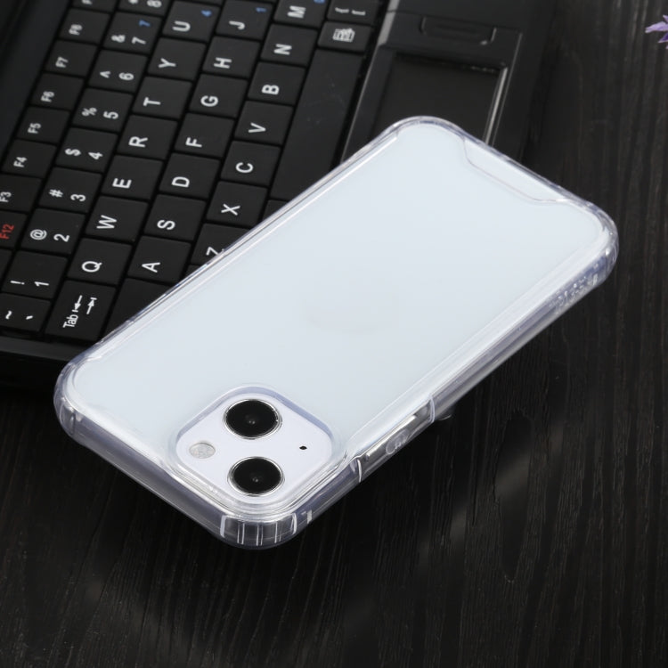 Transparent shockproof case for iPhone 13 mini, showcasing four-corner protection and easy access to buttons and ports.