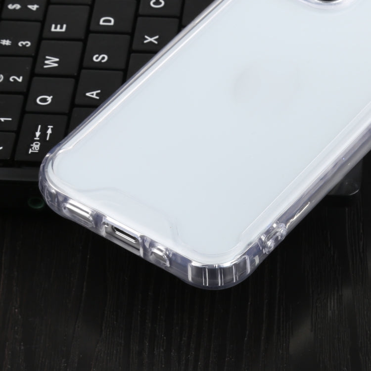 Transparent shockproof case for iPhone 13 mini, showcasing four-corner protection and easy access to buttons and ports.