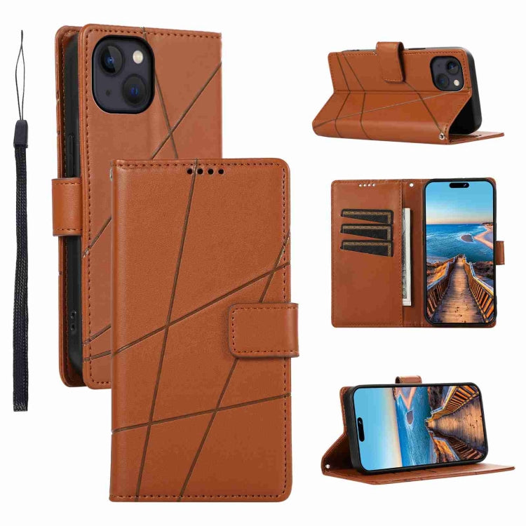 For iPhone 13 mini PU leather case with embossed texture, featuring card slots and a wrist strap.