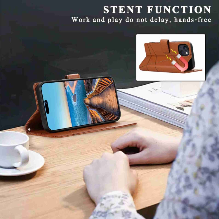 For iPhone 13 mini PU leather case with embossed texture, featuring card slots and a wrist strap.