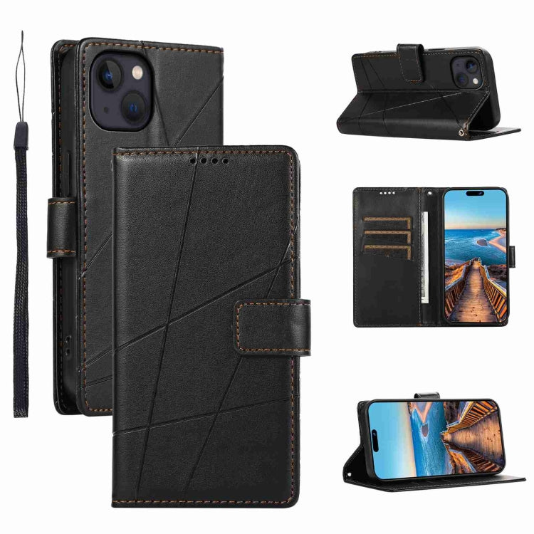 For iPhone 13 mini PU leather case with embossed texture, featuring card slots and a wrist strap.