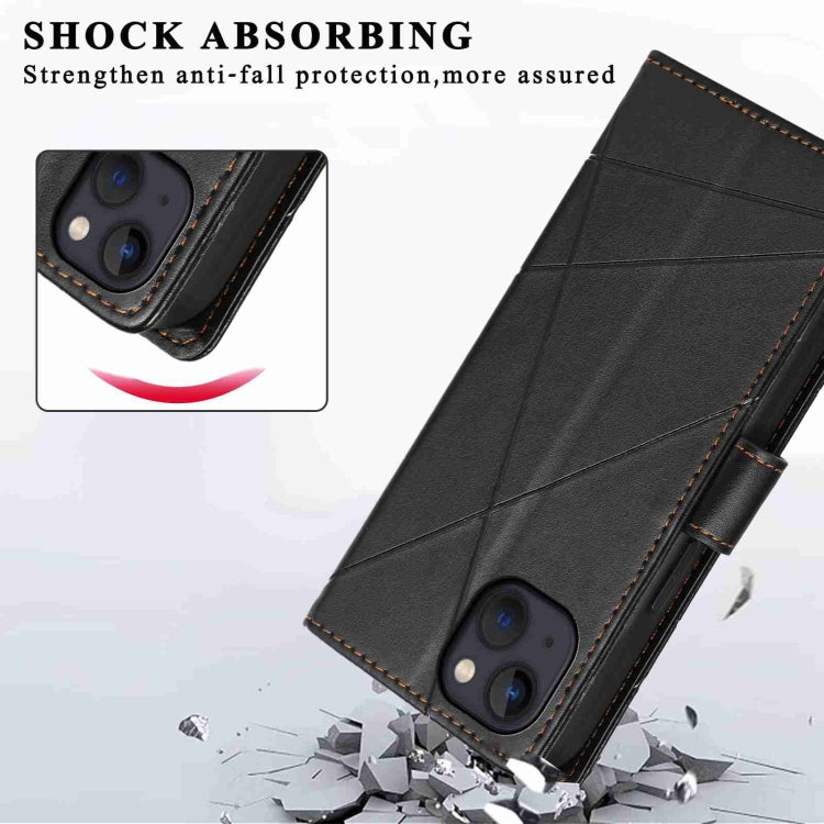 For iPhone 13 mini PU leather case with embossed texture, featuring card slots and a wrist strap.