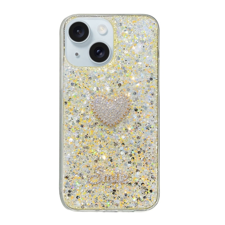 Stylish Starry Sequin Diamond Heart Epoxy TPU Phone Case for iPhone 13 mini, showcasing its unique design and durable material.