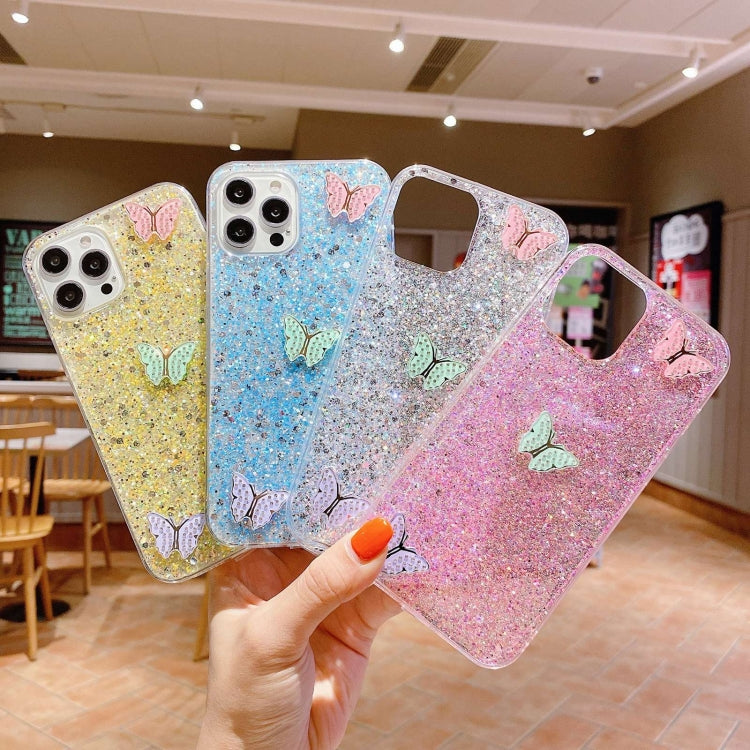 Stylish iPhone 13 mini case featuring colorful butterflies and sparkling rhinestones, made from durable epoxy TPU material.