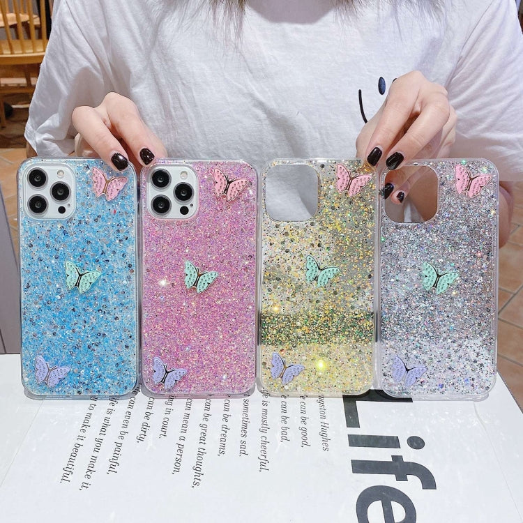 Stylish iPhone 13 mini case featuring colorful butterflies and sparkling rhinestones, made from durable epoxy TPU material.