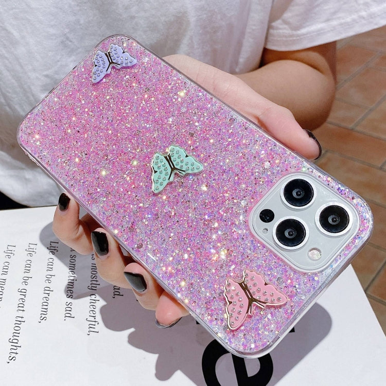 Stylish iPhone 13 mini case featuring colorful butterflies and sparkling rhinestones, made from durable epoxy TPU material.