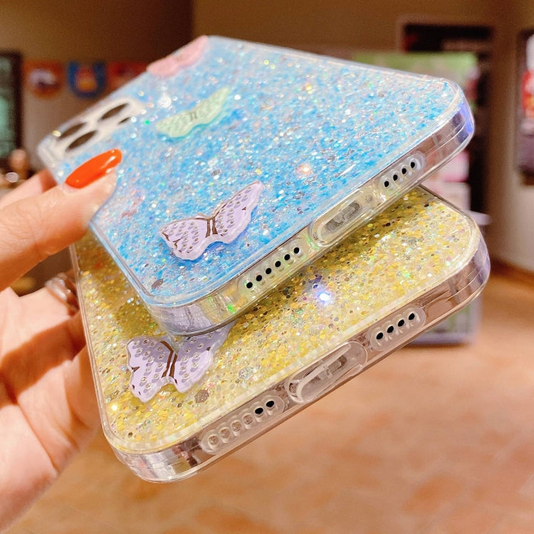 Stylish iPhone 13 mini case featuring colorful butterflies and sparkling rhinestones, made from durable epoxy TPU material.