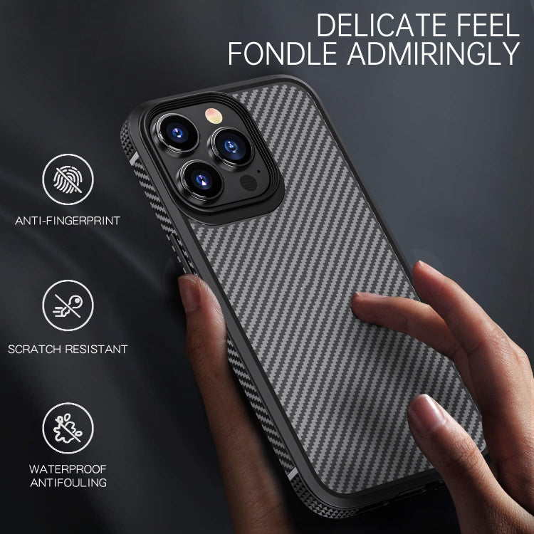 iPAKY MG Series Carbon Fiber TPU + PC Shockproof case for iPhone 13 Pro, showcasing its sleek design and durable materials.