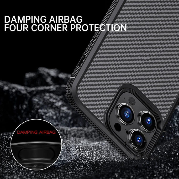 iPAKY MG Series Carbon Fiber TPU + PC Shockproof case for iPhone 13 Pro, showcasing its sleek design and durable materials.