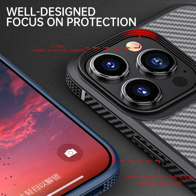 iPAKY MG Series Carbon Fiber TPU + PC Shockproof case for iPhone 13 Pro, showcasing its sleek design and durable materials.