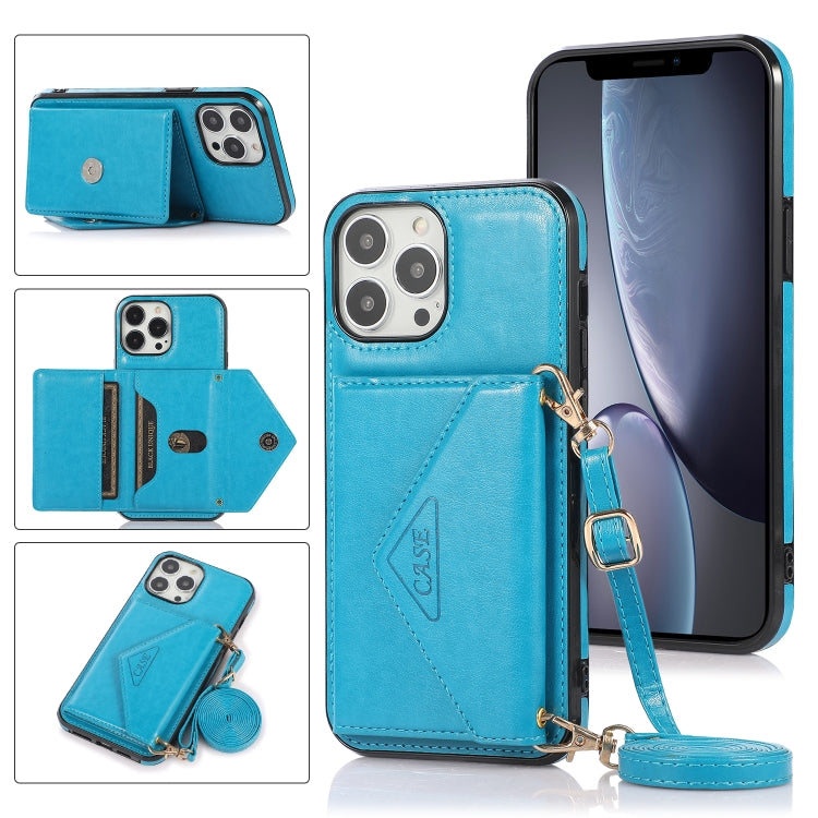 Multi-functional cross-body card bag for iPhone 13 Pro Max made of TPU and PU, featuring a stylish design and convenient lanyard.