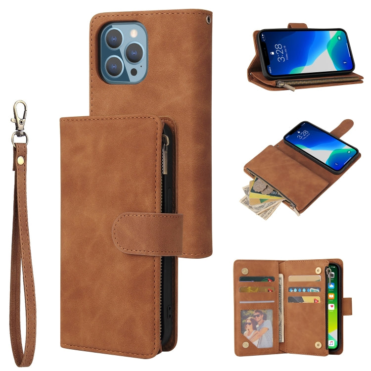 Multifunctional leather case for iPhone 13 Pro Max with card slots and flip stand design, showcasing its sleek and stylish appearance.