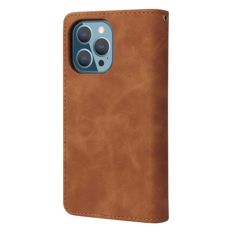 Multifunctional leather case for iPhone 13 Pro Max with card slots and flip stand design, showcasing its sleek and stylish appearance.