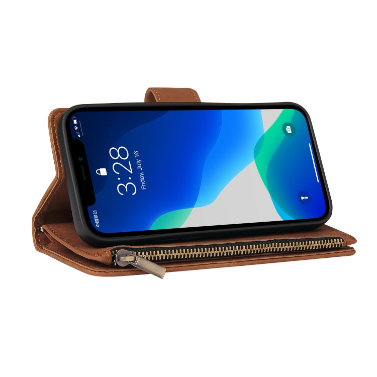 Multifunctional leather case for iPhone 13 Pro Max with card slots and flip stand design, showcasing its sleek and stylish appearance.