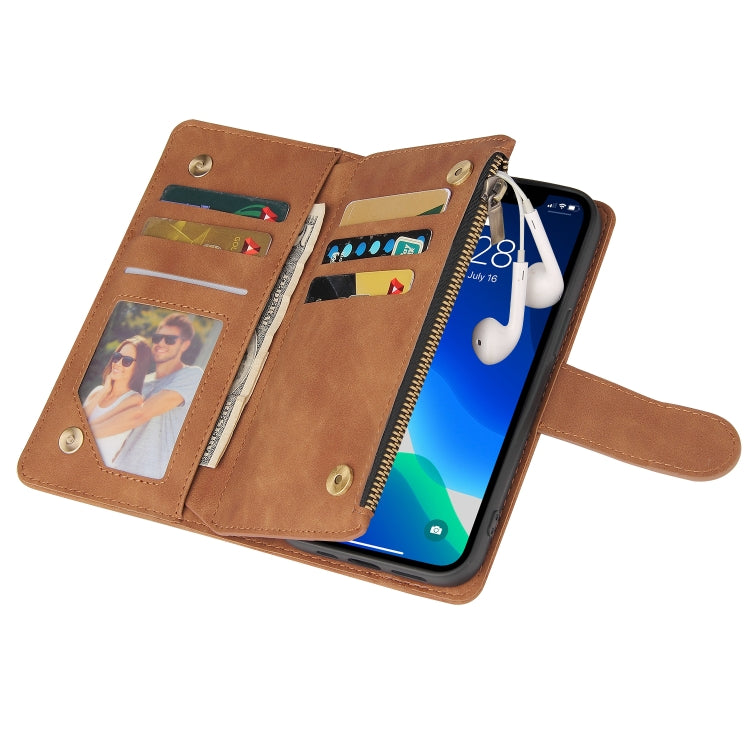 Multifunctional leather case for iPhone 13 Pro Max with card slots and flip stand design, showcasing its sleek and stylish appearance.