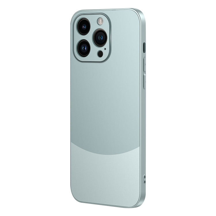 Cyan frosted shockproof phone case for iPhone 13 Pro Max, showcasing its durable TPU and PC materials with raised edges for screen and camera protection.