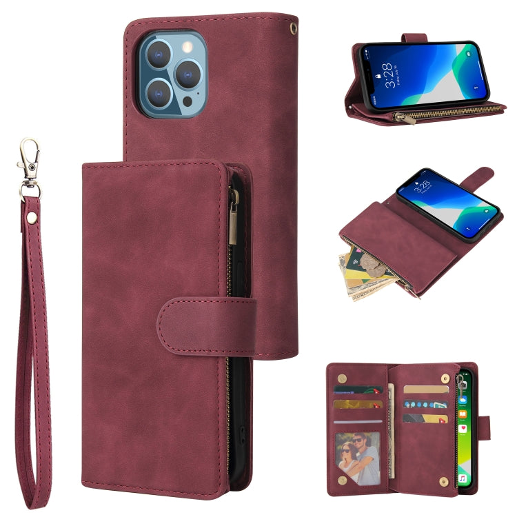 Multifunctional leather case for iPhone 13 Pro with card slots and flip stand design, showcasing its sleek and stylish appearance.