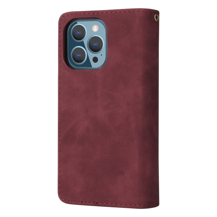 Multifunctional leather case for iPhone 13 Pro with card slots and flip stand design, showcasing its sleek and stylish appearance.