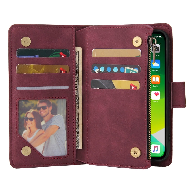 Multifunctional leather case for iPhone 13 Pro with card slots and flip stand design, showcasing its sleek and stylish appearance.