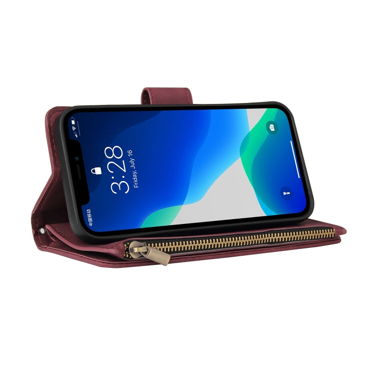 Multifunctional leather case for iPhone 13 Pro with card slots and flip stand design, showcasing its sleek and stylish appearance.