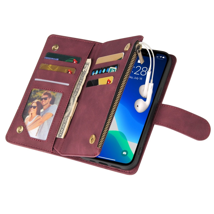 Multifunctional leather case for iPhone 13 Pro with card slots and flip stand design, showcasing its sleek and stylish appearance.