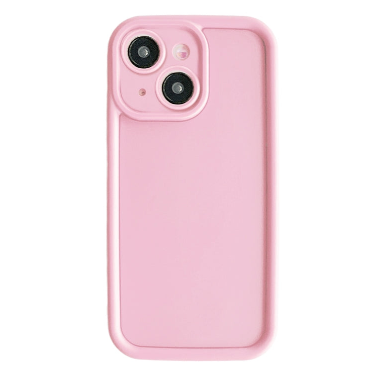 Pink shockproof TPU phone case for iPhone 14, featuring raised edges and precise cutouts for buttons and ports.