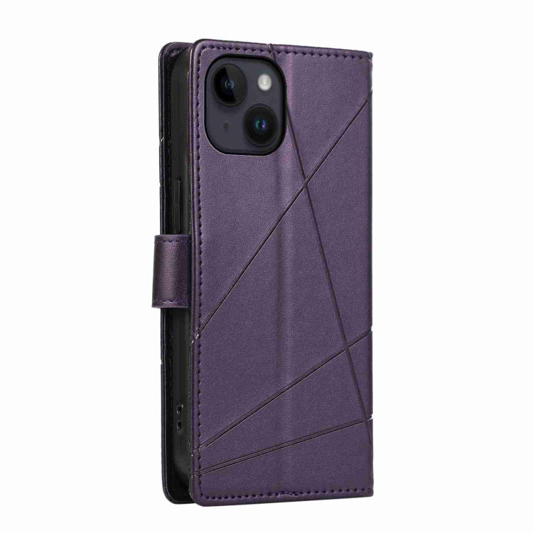 For iPhone 14 Plus PU leather case with embossed texture, featuring card slots and a wrist strap.