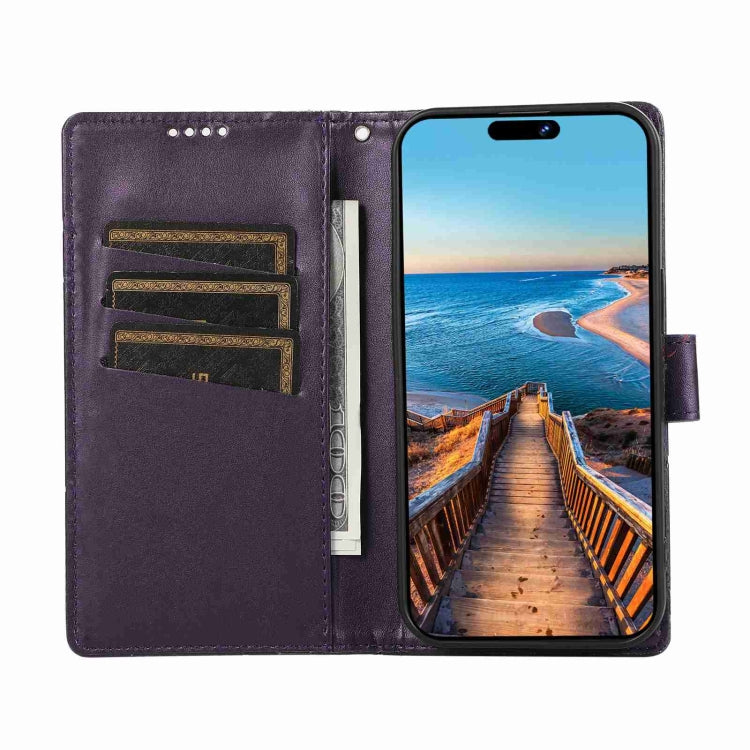 For iPhone 14 Plus PU leather case with embossed texture, featuring card slots and a wrist strap.