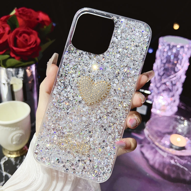 Stylish For iPhone 14 Plus Starry Sequin Diamond Heart Epoxy TPU Phone Case showcasing its diamond heart design and durable material.