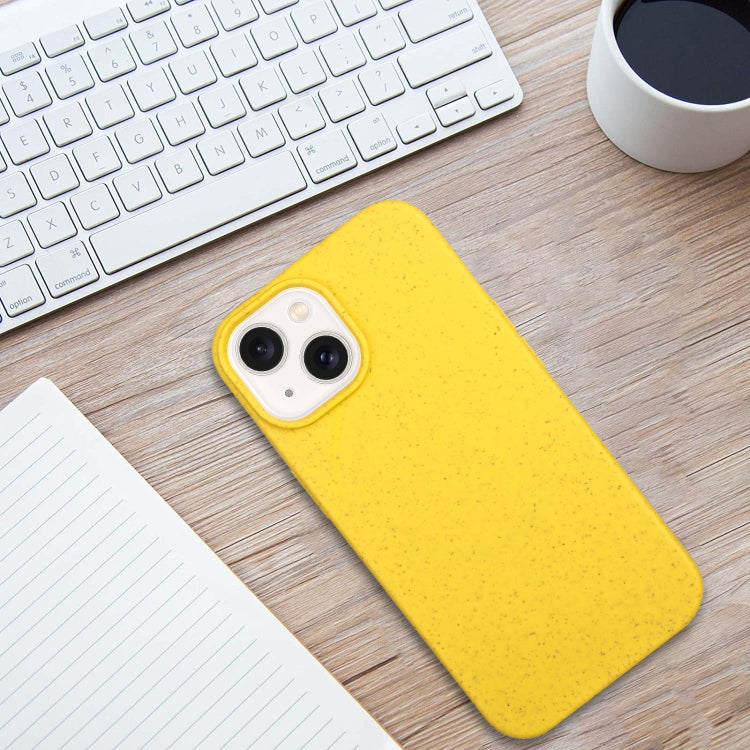 Yellow Wheat Straw and TPU Phone Case for iPhone 14 Plus, showcasing its slim design and eco-friendly materials.