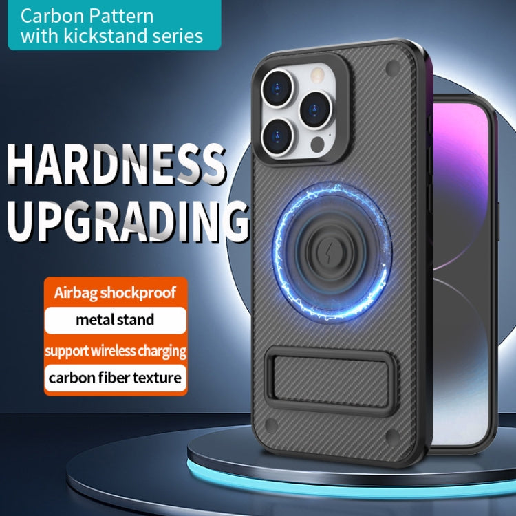 For iPhone 14 Pro Carbon Fiber Texture Phone Case showcasing its sleek design and protective features.