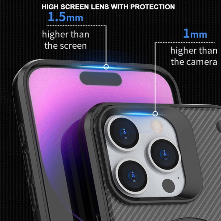 For iPhone 14 Pro Carbon Fiber Texture Phone Case showcasing its sleek design and protective features.