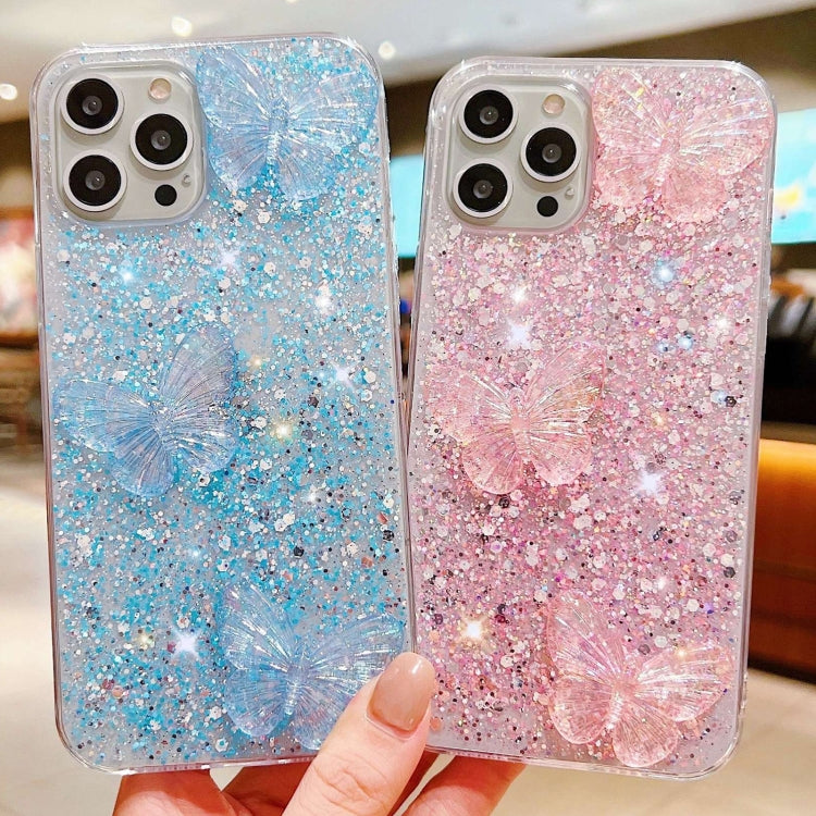 Stylish iPhone 14 Pro Max case featuring starry sequin butterflies design, made from durable epoxy TPU material.