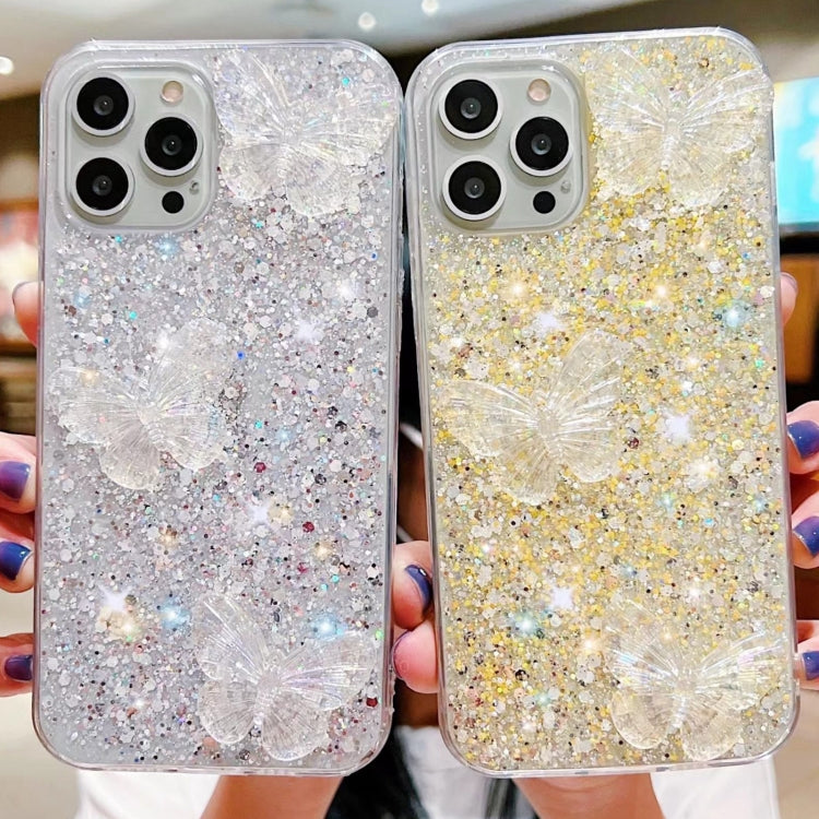 Stylish iPhone 14 Pro Max case featuring starry sequin butterflies design, made from durable epoxy TPU material.