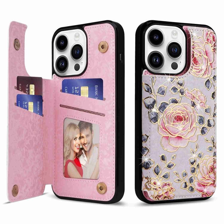 For iPhone 14 Pro Printed Double Buckle RFID Anti-theft Phone Case showcasing its stylish design and card slots.