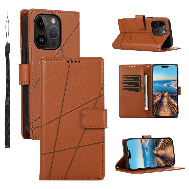 For iPhone 14 Pro PU leather case with embossed texture, featuring card slots and a wrist strap.