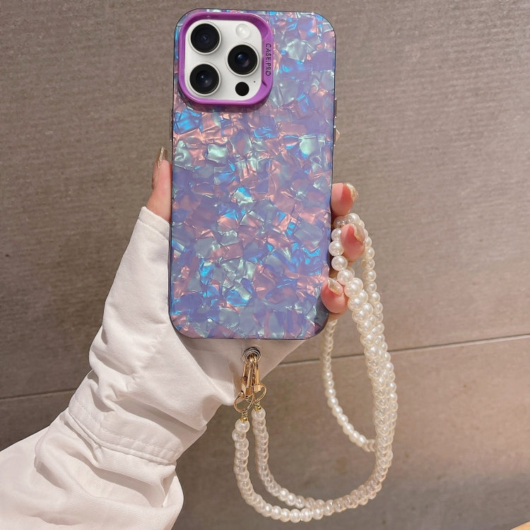 For iPhone 14 Pro Shell Texture Crossbody Pearl Chain TPU Hybrid case showcasing its elegant design and durable material.