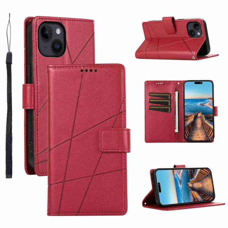 Red PU leather texture embossed line phone case for iPhone 14 with card slots and kickstand feature.