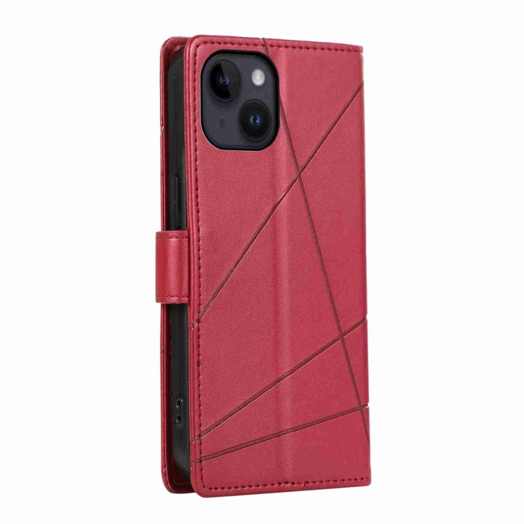 Red PU leather texture embossed line phone case for iPhone 14 with card slots and kickstand feature.