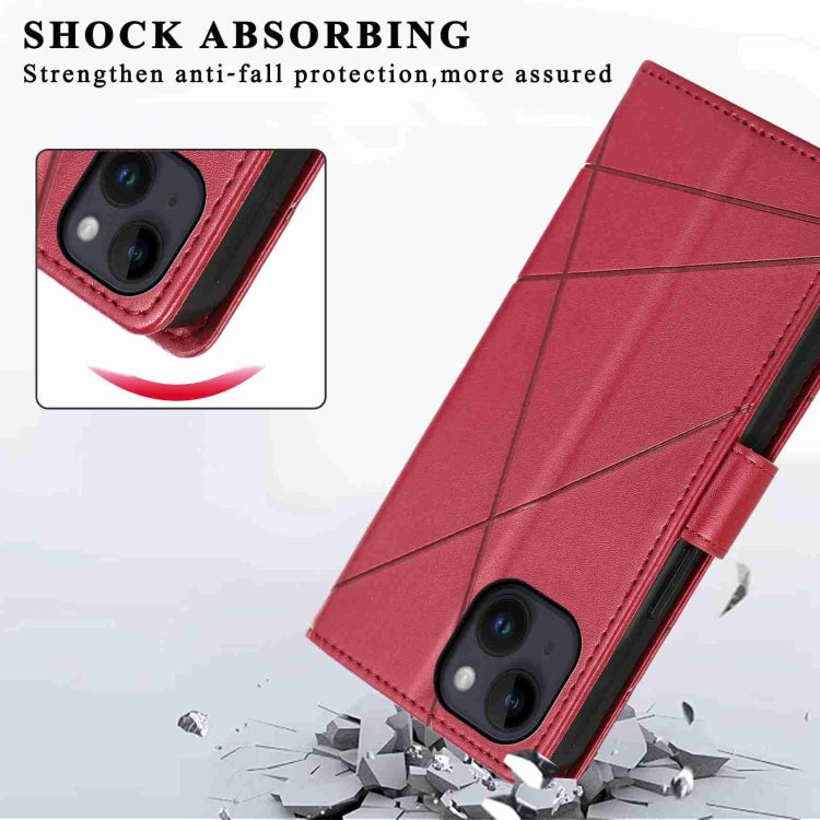 Red PU leather texture embossed line phone case for iPhone 14 with card slots and kickstand feature.