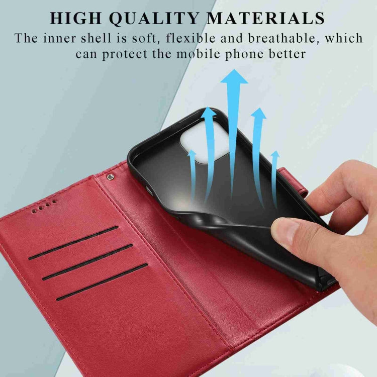 Red PU leather texture embossed line phone case for iPhone 14 with card slots and kickstand feature.