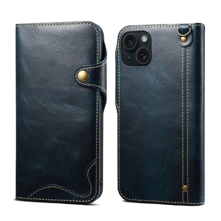 Denior Oil Wax Cowhide Leather case for iPhone 15 with magnetic button and card slots, showcasing its elegant design and premium material.