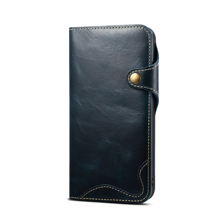 Denior Oil Wax Cowhide Leather case for iPhone 15 with magnetic button and card slots, showcasing its elegant design and premium material.