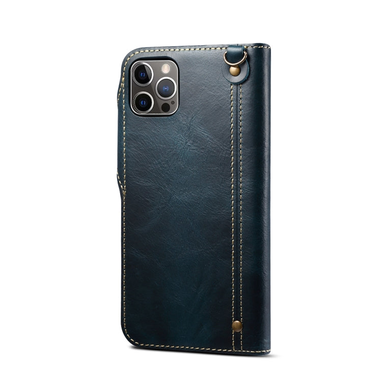 Denior Oil Wax Cowhide Leather case for iPhone 15 with magnetic button and card slots, showcasing its elegant design and premium material.